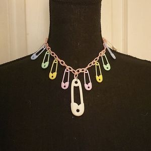 Pastel Rainbow Pink Chain Safety Pin Necklace